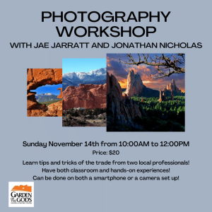 Photography Workshop for Beginners presented by Garden of the Gods Visitor & Nature Center at Garden of the Gods Visitor and Nature Center, Colorado Springs CO