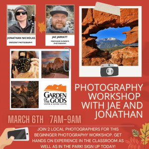 Photography Workshop with Jae Jarratt and Jonathan Nicholas presented by Garden of the Gods Visitor & Nature Center at Garden of the Gods Visitor and Nature Center, Colorado Springs CO