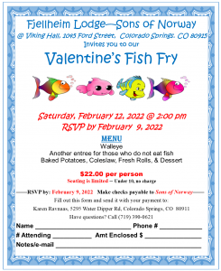 Valentine’s Fish Fry presented by Fjellheim Lodge, Sons of Norway at Viking Hall, Colorado Springs, Colorado Springs CO