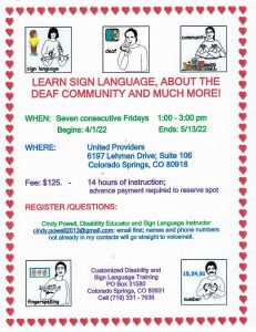 Basic Sign Language Course presented by Customized Disability and Sign Language Training at United Providers, Colorado Springs CO