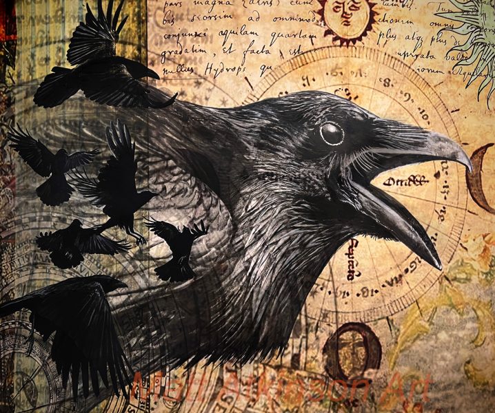 Gallery 2 - The artwork 'Earth Moon Sun' by Matt Atkinson featuring a black bird cawing on most of the piece with smaller black birds on its body and a yellow background with writing.