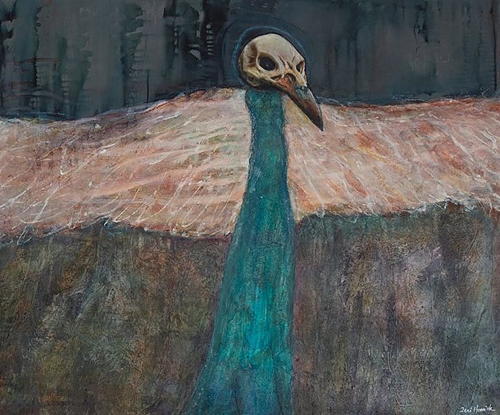Gallery 4 - The photo features 'Sovereign #3' by Teri Homick which features a blue bird with an exposed skull on a earthy background.