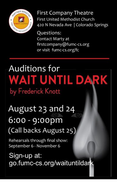 CALL FOR AUDITIONS: ‘Wait Until Dark’ presented by First Company at First Company Theater, Colorado Springs CO