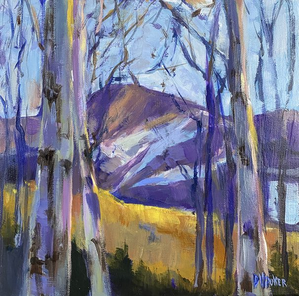Gallery 1 - A painting of a mountain through trees entitled 'Colorado Light' by Denise Duker