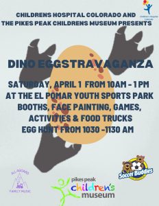 Pikes Peak Children’s Museum Dino Eggstravaganza presented by Pikes Peak Children's Museum at El Pomar Youth Sports Park, Colorado Springs CO